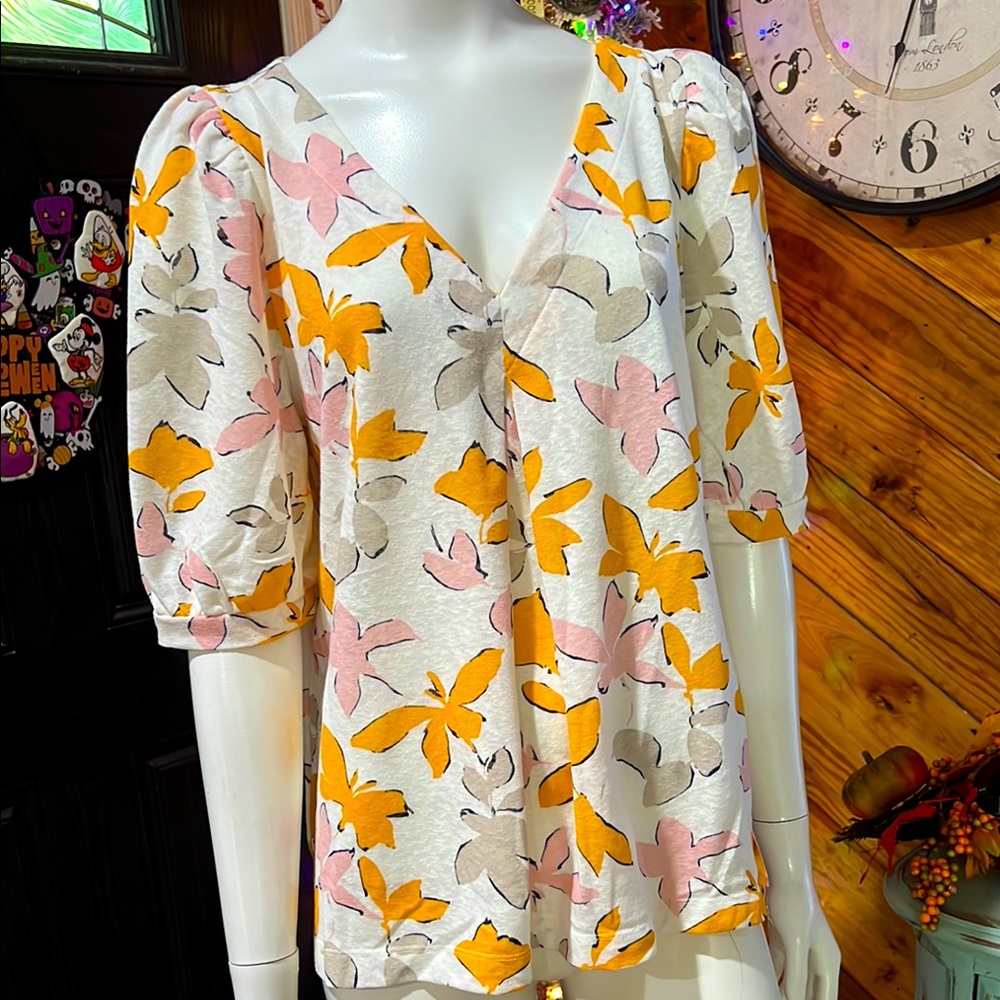 Floral Puff Sleeve Women's Top Large #EE